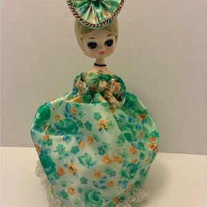 1960s Retro Big Eyed Fabric Foam Doll Piggy Bank Korea Green Floral Dress 12"